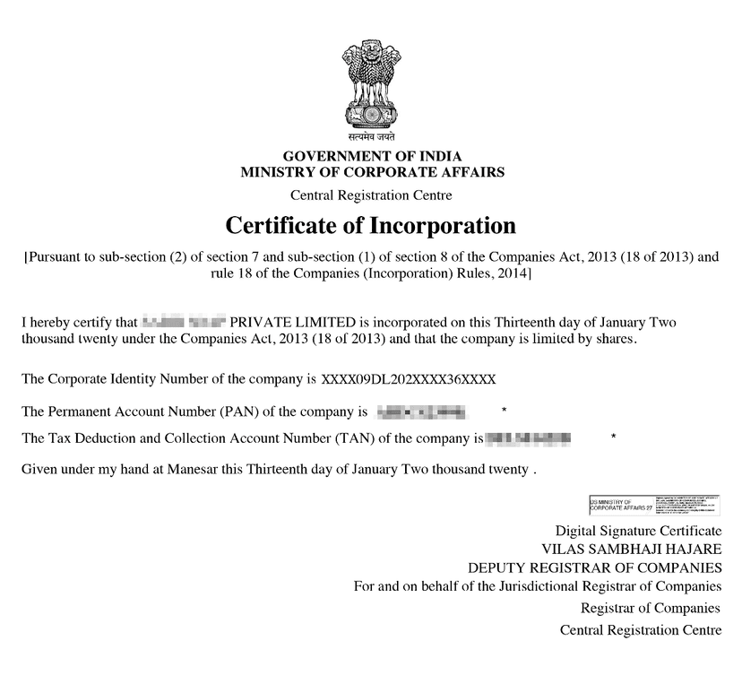Private Limited Company Registration Certificate