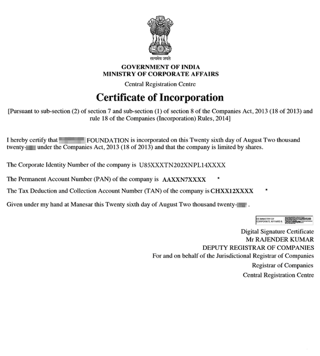 Section 8 Company Registration Certificate